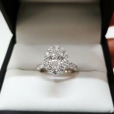 3 Ct Oval Cut Real Moissanite Women's Halo Engagement Ring 14K White Gold Plated