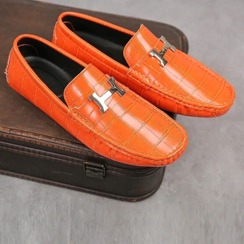 Orange Men Loafers Shoes Men Flats Slip-on Driving Shoes Men