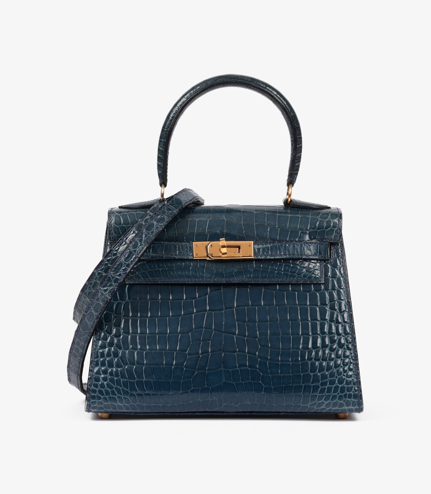 Hermès Blue Tempete Shiny Porosus Crocodile Leather Vintage Kelly 20cm Sellier