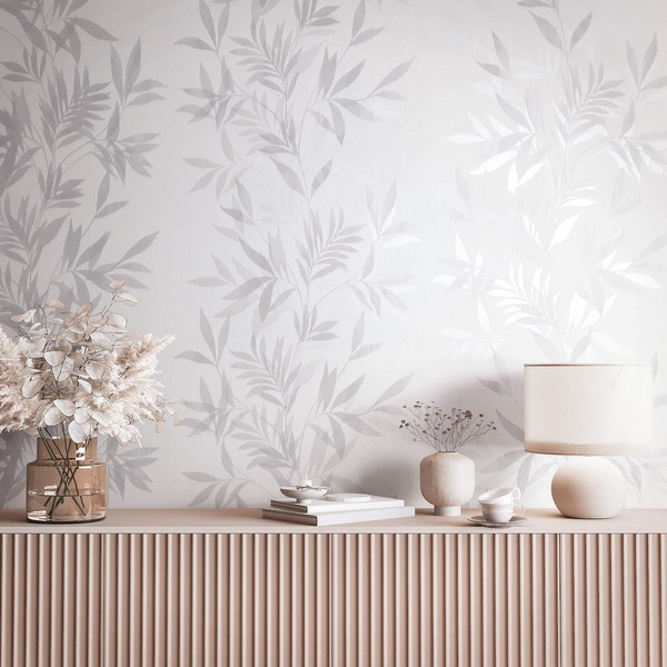 Vliestapete BläTter Floral Ranken Weiß Grau Silber Metallic 82460 (4,12€/1Qm)-image