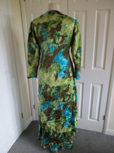Handmade - Retro blue/green/brown silky feel empire line long dress - Size L - Picture 6 of 8