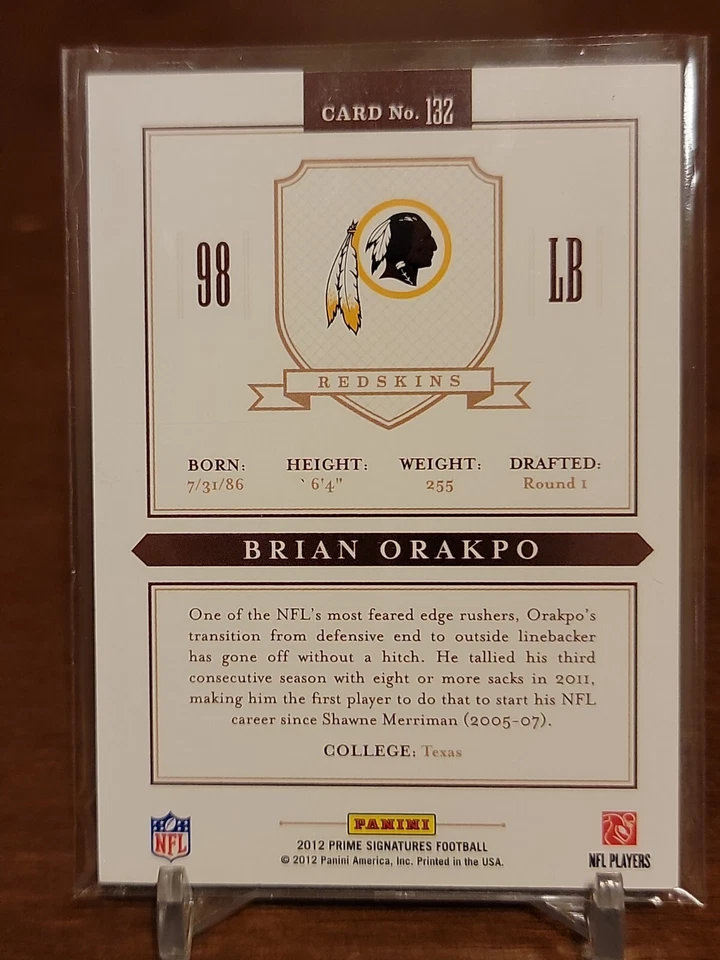 2012 Prime Signatures #132 Brian Orakpo #/499 Washington Redskins Commanders - Image 2 of 2
