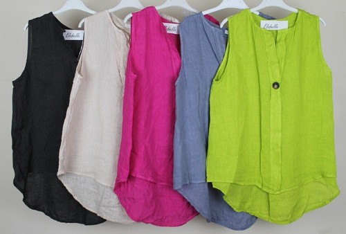 New Summer Ladies Linen Sleeveless Lagenlook Casual Comfy Quirky Linen Vest Top - Picture 2 of 13