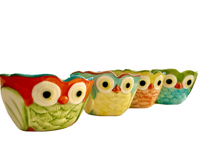 Pier One Imports Four Ceramic Nesting Hand Painted Owl Measuring Cups 1/4 to 1