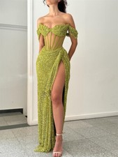 Green Sexy Prom Dresses Off Shoulder Side Split Lace Sequin Beaded Evening Gowns