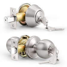 Exterior Front Entry Door Handle Lock Set Round Knob Keyed alike Single Deadbolt