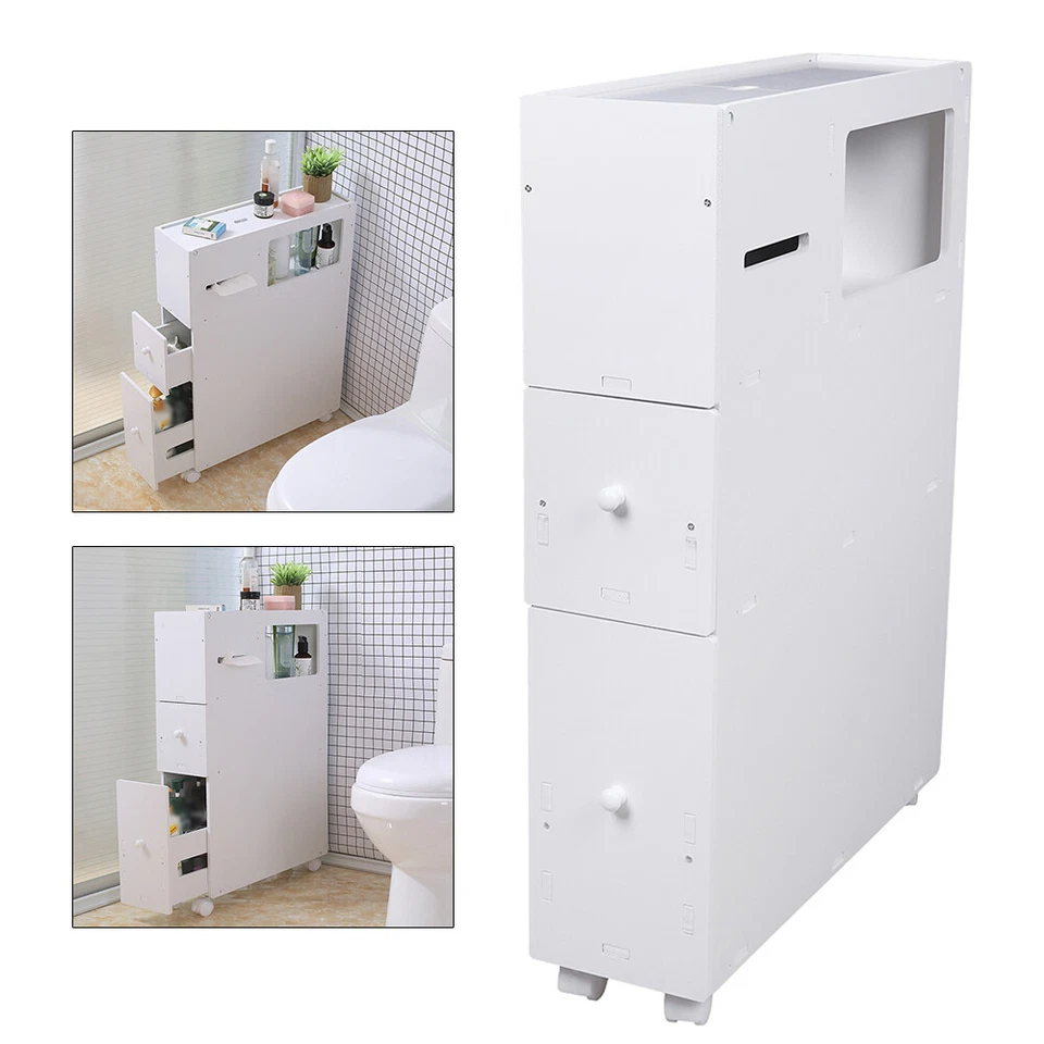 Slim Bathroom Storage Cabinet Floor Standing Toilet White Narrow Cupboard Shelf - Image 2 of 4
