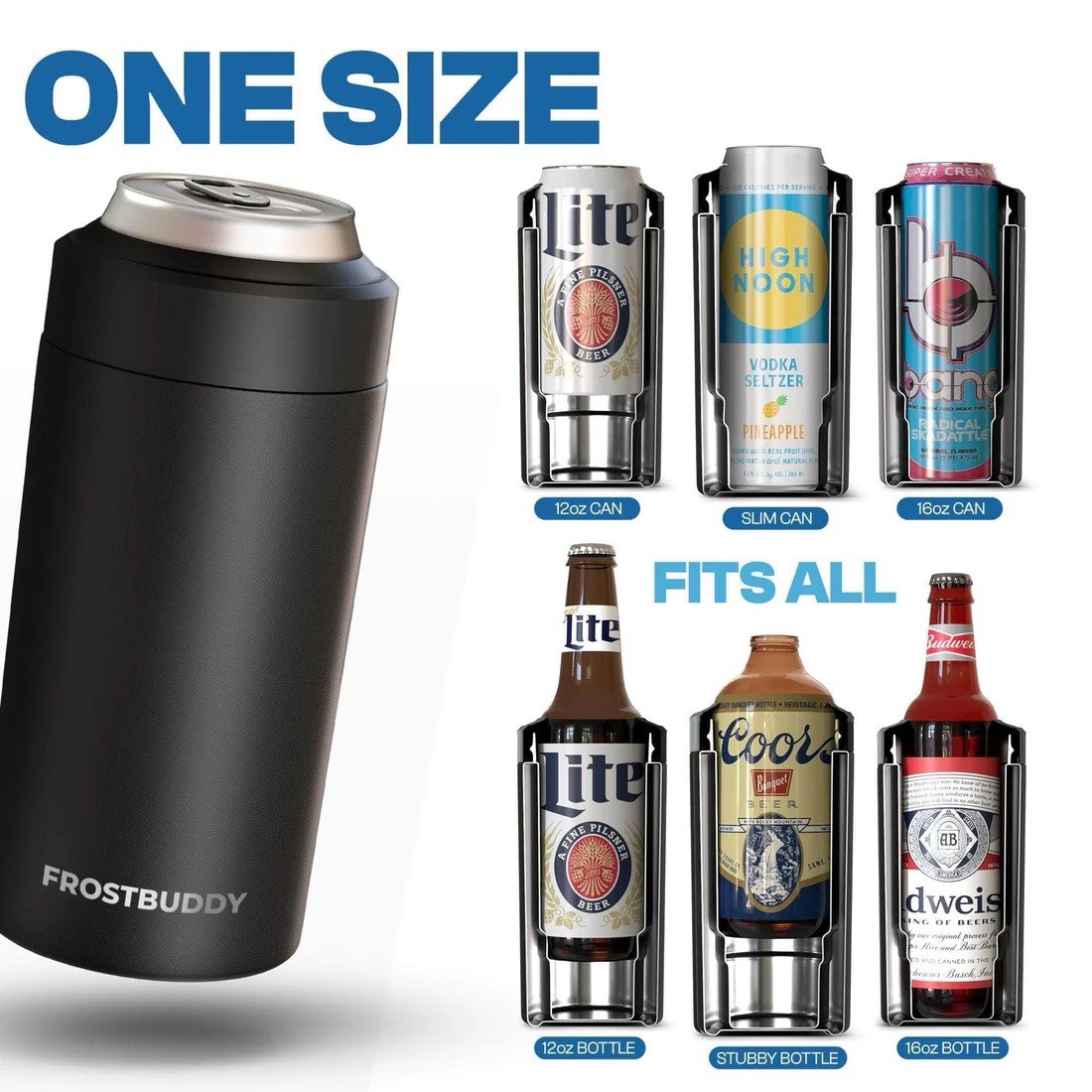 Frost Buddy Universal Can Cooler 10 in 1 - Stainless Steel, 12 oz & 16 oz