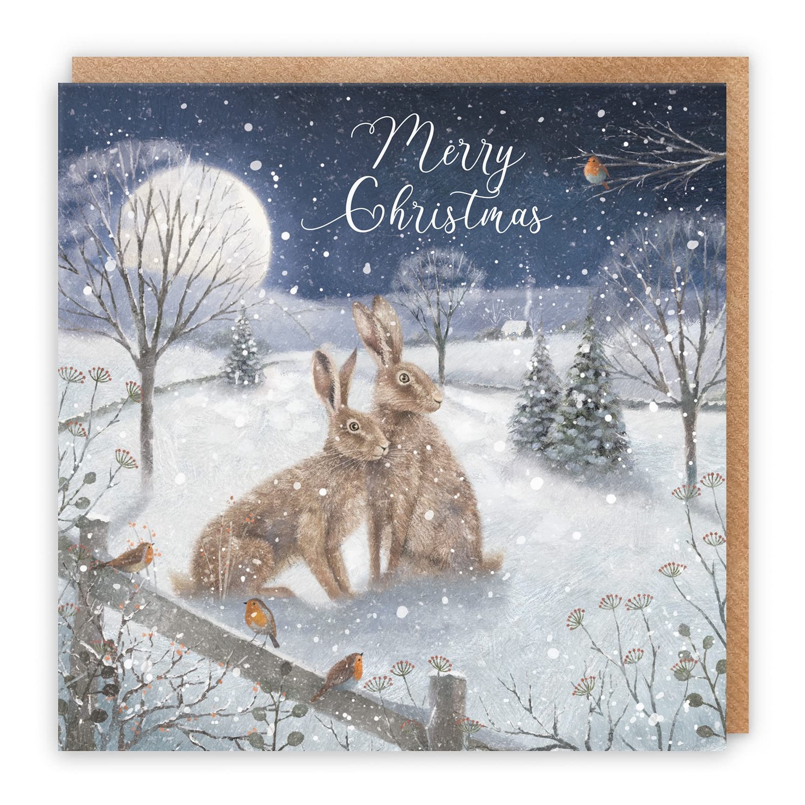 Open Single Christmas Card 'Snowy Hares' Milo's Gallery