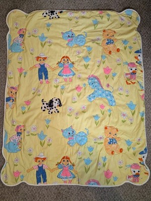Vintage Quilted Blanket Baby Animals Kitschy Colorful Handmade 40x32