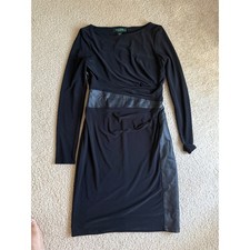 Lauren Ralph Lauren Black Dress Long Sleeve Faux Leather Detail Women's Size 4