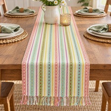 Blossoms & Blooms Table Runner 14x90 Pastel Striped Cotton Boho Cottagecore 