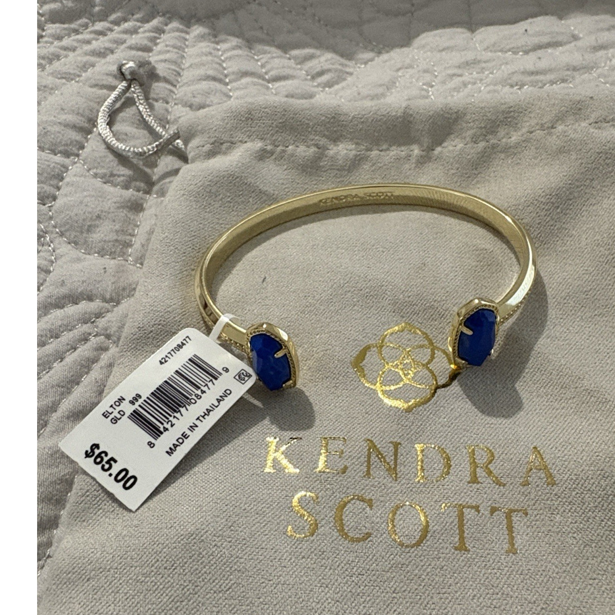 Kendra Scott Gold Tone Cuff Bracelet with 2 Blue Stones, Prong Set Signed