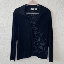 Chico s Travelers Black Floral Open Jacket Whimsical Embroidered Size 1