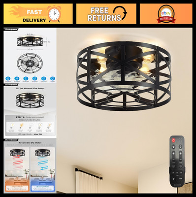 20'' Caged Ceiling Fan with Lights & Remote - Low Profile, 6 Speed, Quiet DC Moto