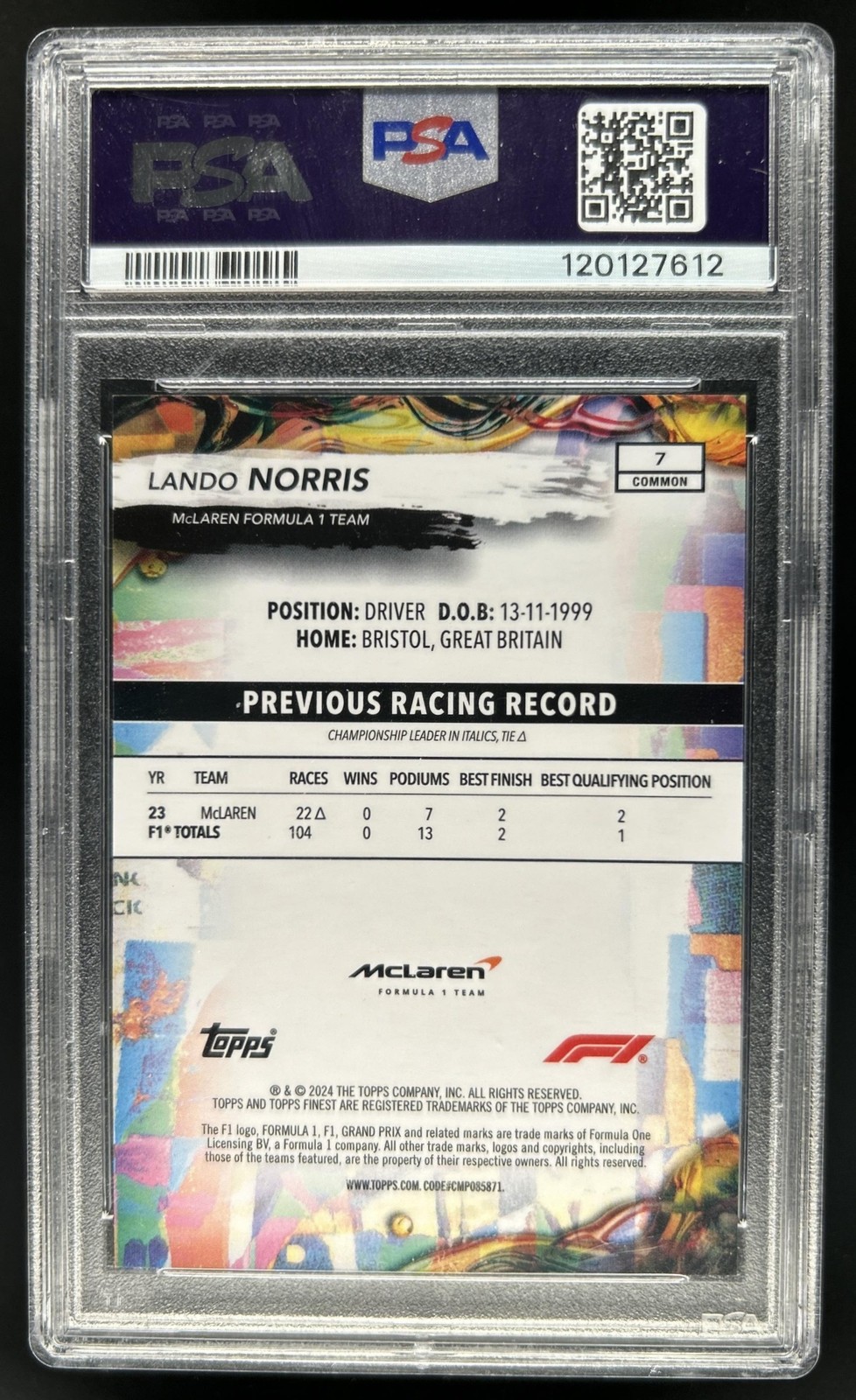 2024 Topps Finest F1 Lando Norris Gold Refractor Common #/50 PSA 10 GEM MINT view 2