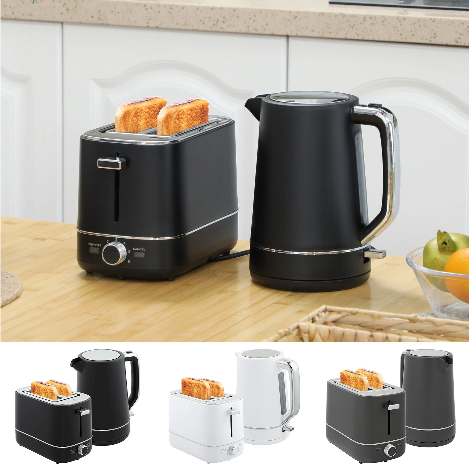 1.7L Fast Boil Kettle and 2 Slice Toaster Set with 6 Level Browning Refurbished