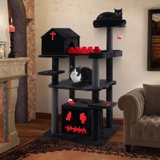 Gothic Cat Tree, 49 Inch Black Cat Tower with Coffin Bed, 2 Condos, Scratchin...