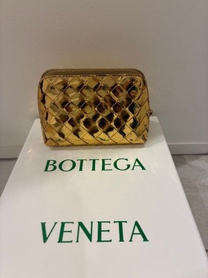 Bottega Veneta Gold Pouch Clutch Wallet Bag Stylish Compact