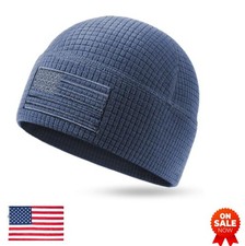 Grid Fleece Beanie American Flag Embroidery Waffle Skull Cap Navy Recycled
