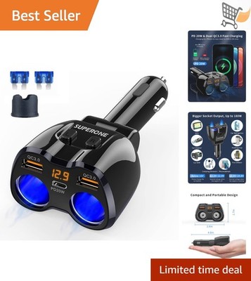 Cigarette Lighter Splitter 180W Dual USB-C QC3.0 Car Adapter for GPS Dash Cam