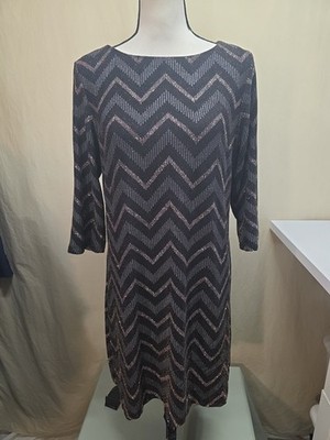 Studio One NY Metallic Chevron Shift Dress Black Gold Holiday Party Size 12P EUC