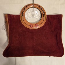 Vintage Hand Tooled Leather Suede Tote Bag Western Floral Shoulder Purse Red