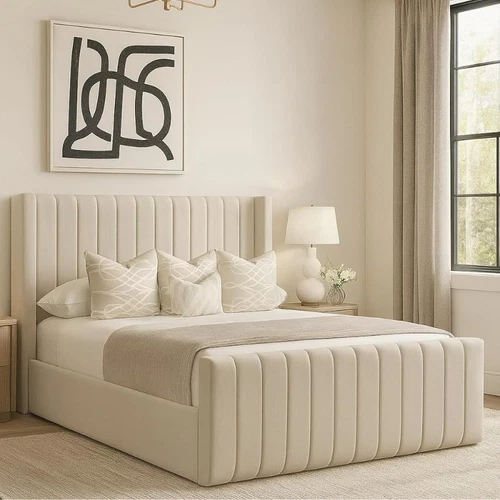 Winged Panel Bed Frame Upholstered Plush Velvet Ottoman Gas Lift Storage 4FT6 UK - Picture 1 of 2