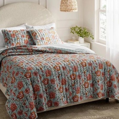 Target Threshold- King - Printed Voile Quilt Earthy Vines Teal Floral Cotton NEW
