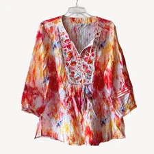 John Mark Top Peasant Blouse Embroidered Tunic Top w/ Tassels Boho Size M
