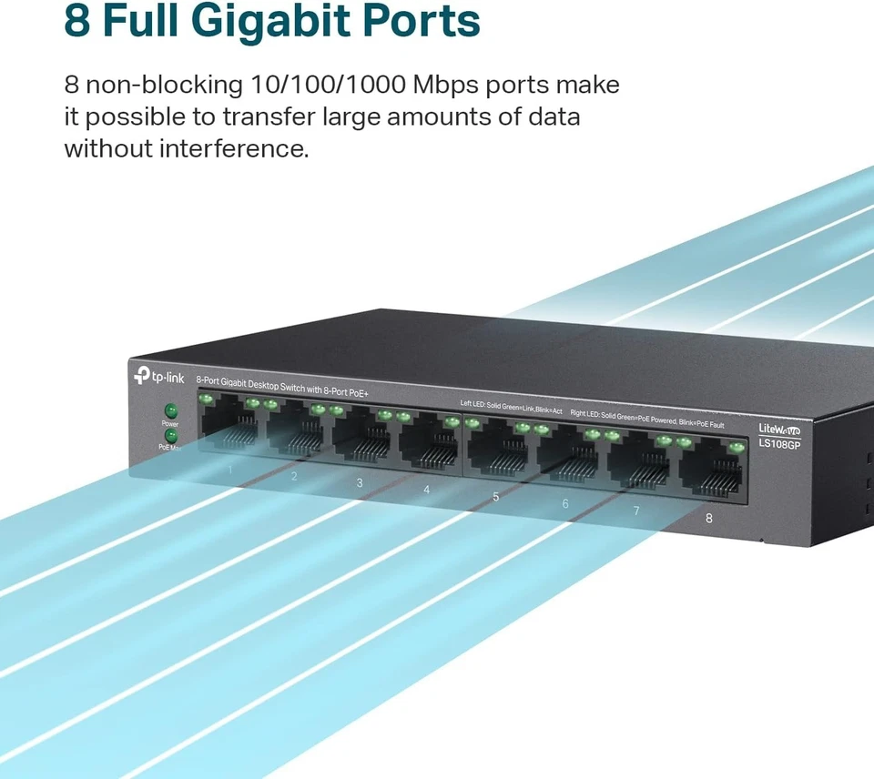8-Port PoE Gigabit Switch - 16Gbps, Durable Design, Easy Wall/Desktop Mounting - Image 4 of 4