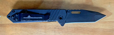 Mad Blacksmith MAD1T Tanto Flipper Folding Knife   Black Blade, G10 Handle, Line