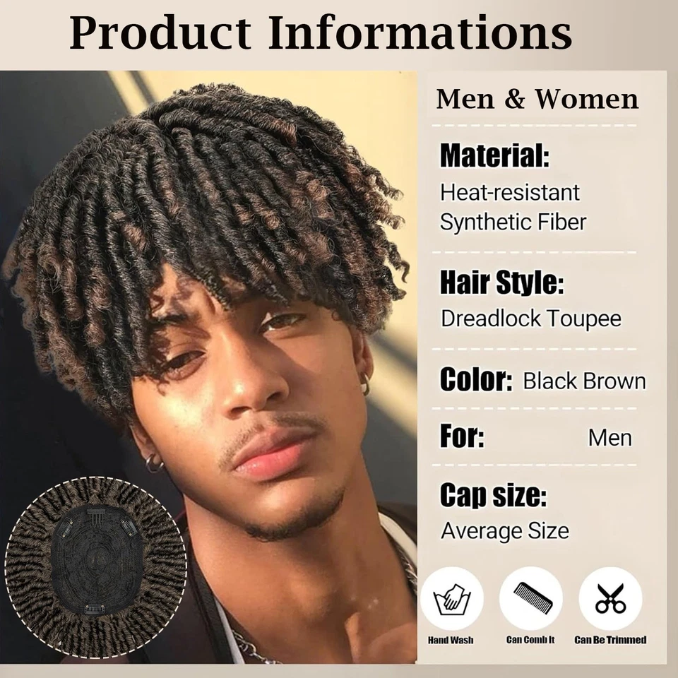 EUA Dreadlock Toupee para Homens Topper de Cabelo Curto Trançado para Mulheres Cabelo Afro Encaracolado - Imagem 4 de 4
