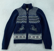 Eddie Bauer Cardigan Sweater Womens M Tall Navy Knit Fair Isle Reindeer Full Zip