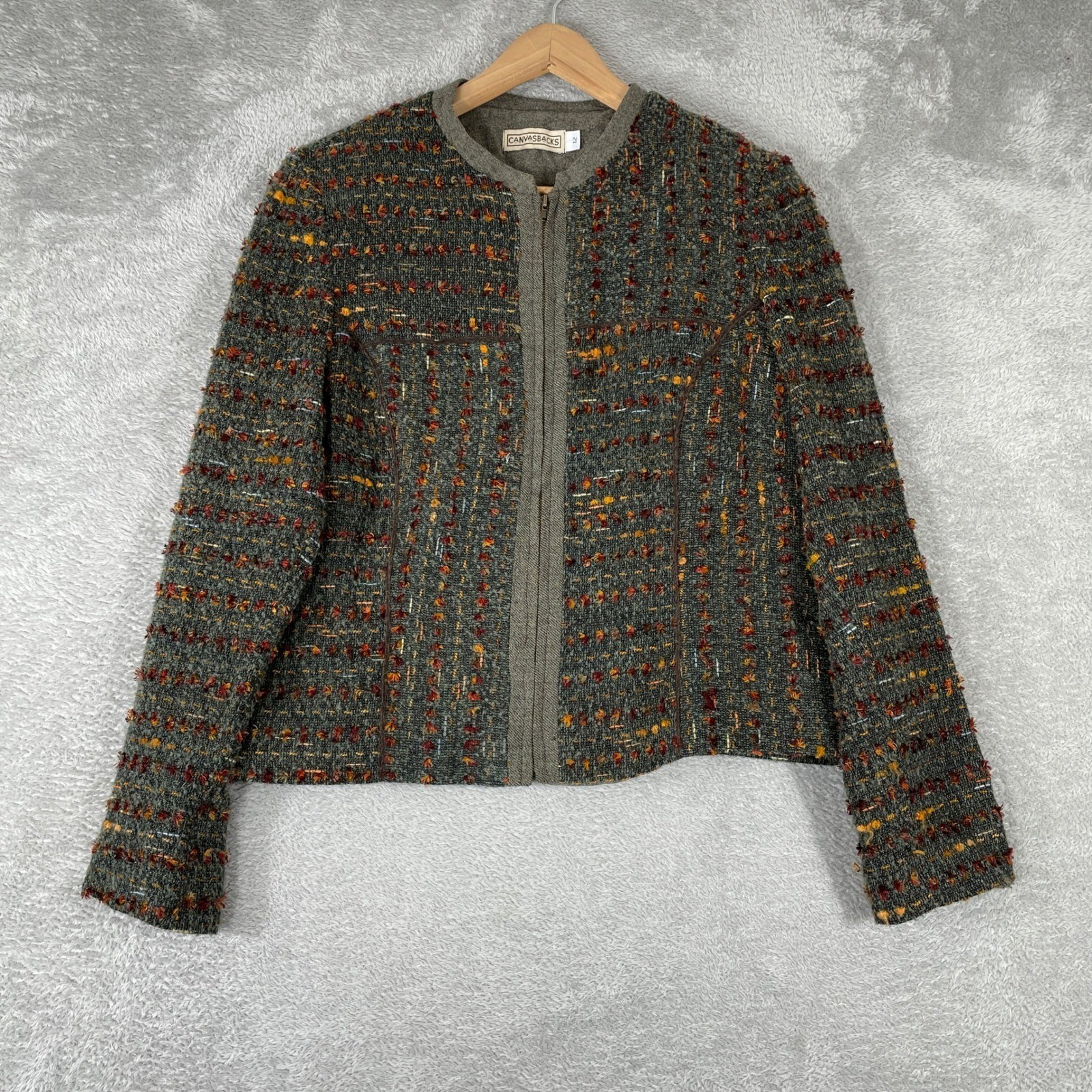 Canvasbacks Zip Up Jacket Womens Size 12 Green Wool Blend Textured Tweed Boho