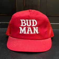 Vintage 70s/80s Bud Man Trucker Hat Red Mesh Snapback Made in USA Beer Promo Cap