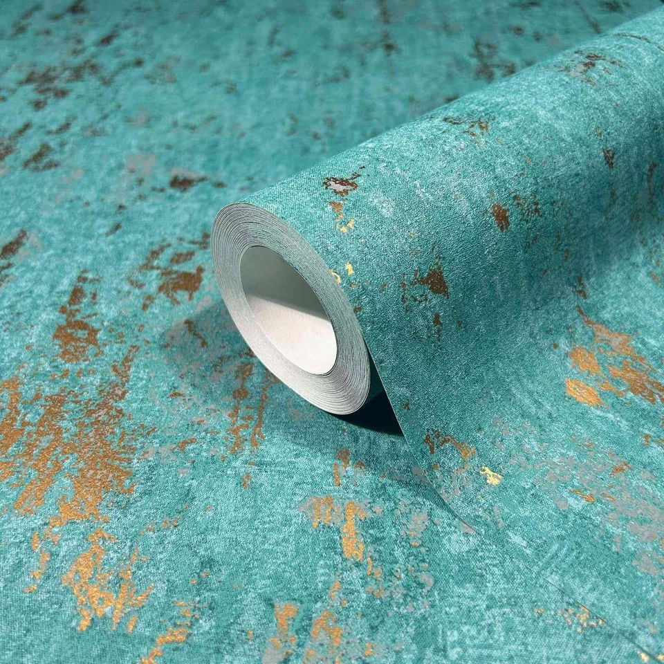 Non-woven wallpaper used look plaster effect industrial turquoise gold metallic 35164 (€5.23/1sqm - Image 3 of 4