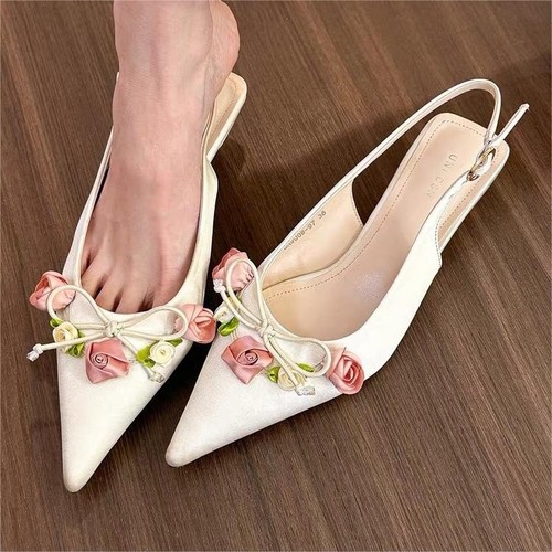 Pointed Toe Flowers Slingback Sandals Kitten Heels Satin Prom Shoes Pumps Women