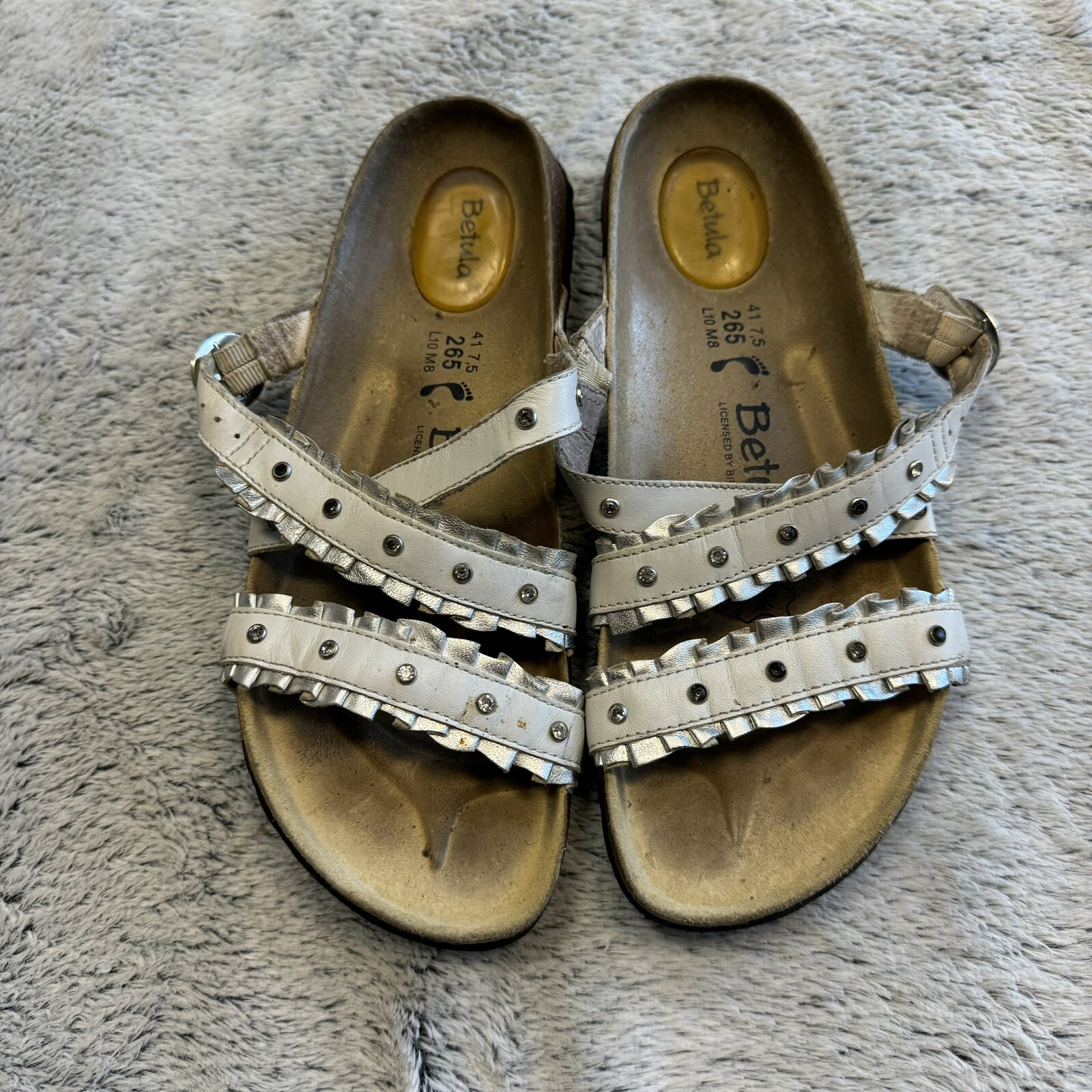 Betula Birkenstock White Leather Ruffle Detail Studded Slide