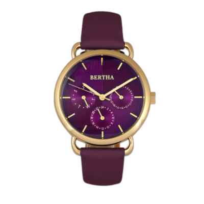 Bertha Emily MOP Leather-Band Watch w/Day/Date -Purple Band NEW IN