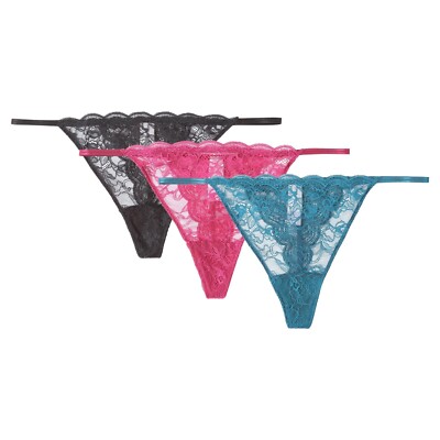 Joyspun String Thongs with Scalloped Lace 3-Pack Size 3X 22 Black Pink Blue NWT