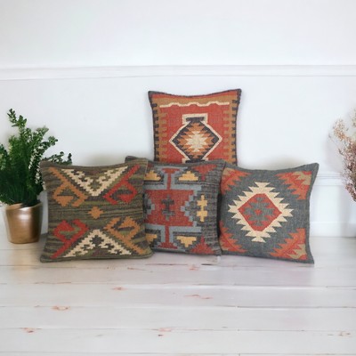 4 Set Vintage Cushion Cover 18'' Handmade Square Pillows Turkish Aztec Kilim