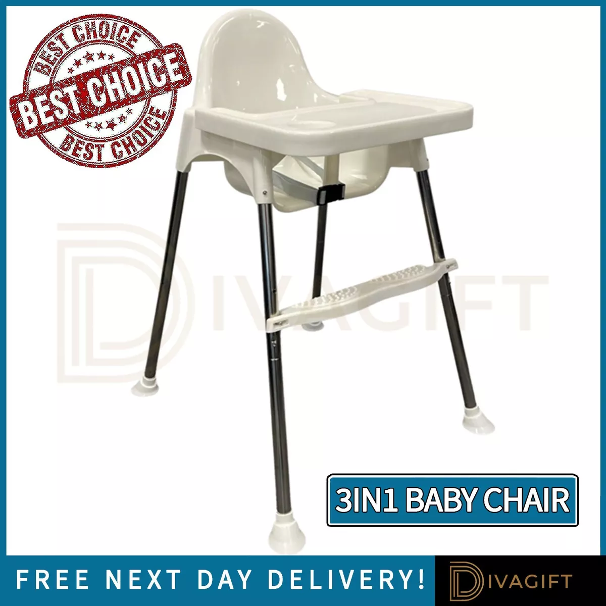 ADJUSTABLE 3IN1 BABY HIGH CHAIR WHITE HIGHCHAIR WITH SAFETY BELTS