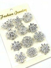 Pack Of 12 Diamante Silver Pin Brooch Crystal Flower Badge Wedding Pin Broach
