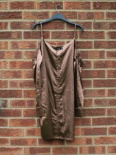 NWT Boohoo mocha brown slip dress silky satin off shoulder sleeve buttons mini L