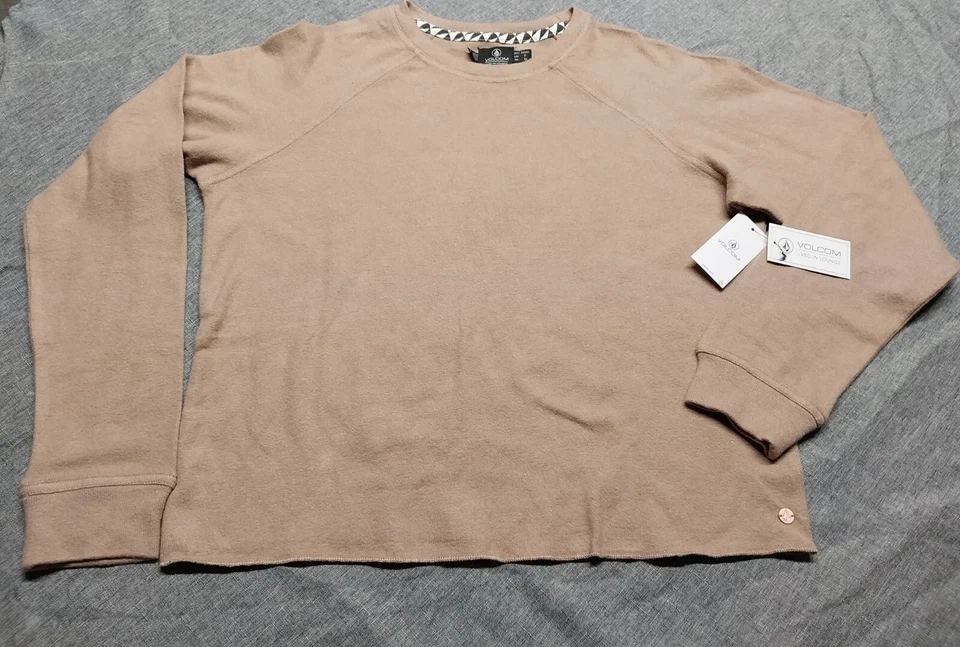 Volcom LIL Women's Size S Cropped Crew Long Sleeve Fleece Sweater Top in Caramel - Image 2 of 4