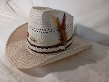 Ivory Straw Western Hat w/Band  Color Coordinated Feathers Sz. 7 1/8 Med.