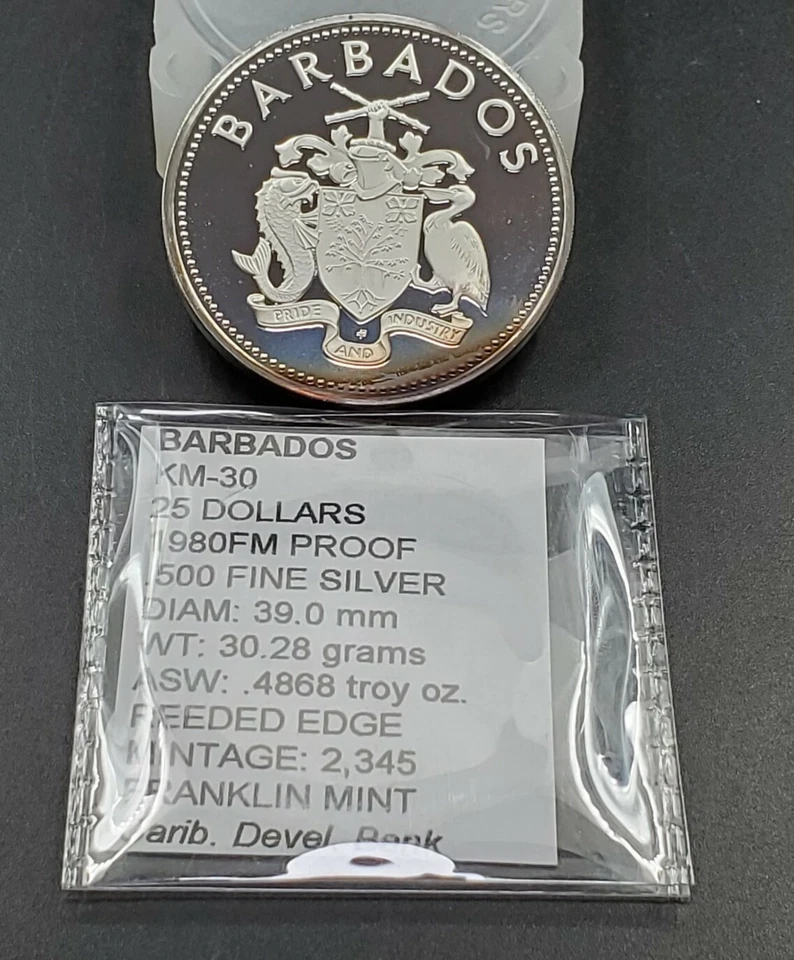NICE TONED Barbados 25 dollars 10th Anniversary Caribbean Bank proof silver 1980 - Image 3 of 3