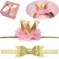 Baby Hair Accessories Girls Gift Box Shiny Bow Crown And Headband Elastic Baby Hair Accessories Girls Gift Box Shiny Bow Crown And Headband Elastic