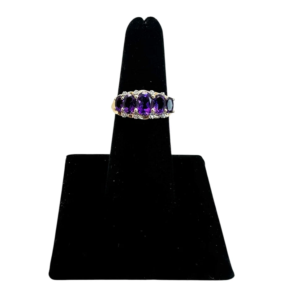 Anillo Vintage Oro Amarillo 14K Acento Diamante Amatista Púrpura Talla 6 Foto 3 de 4
